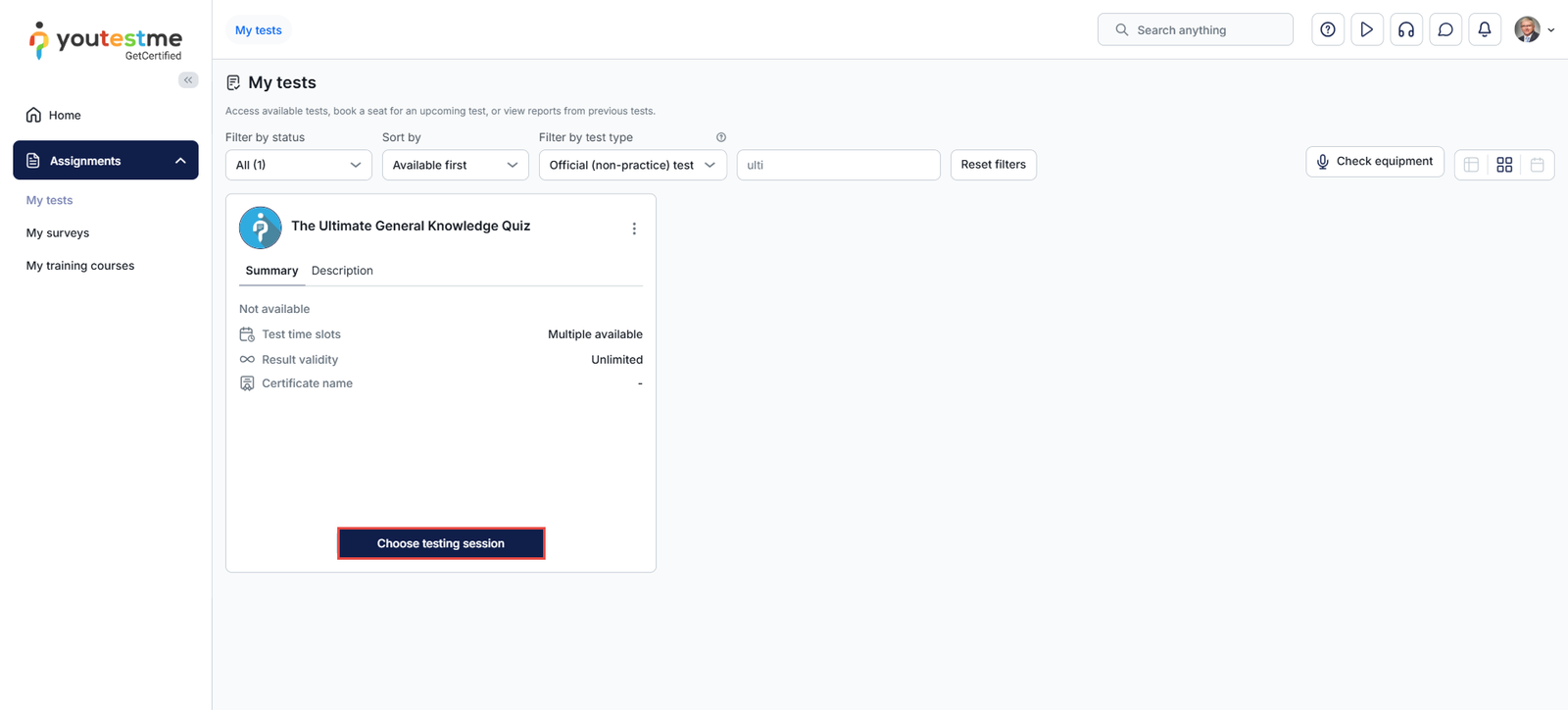 Choose testing session
