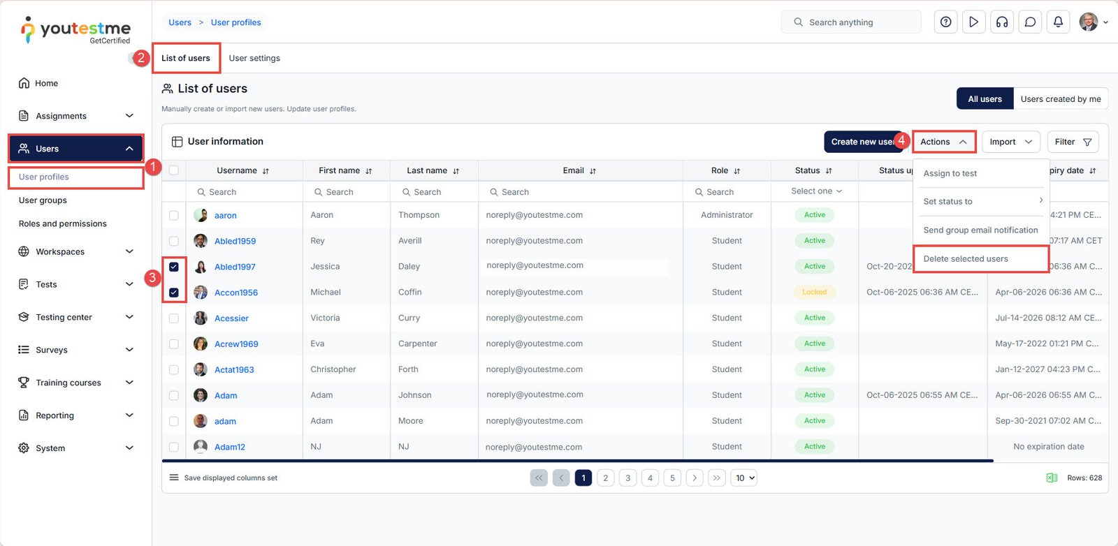 Delete selected users