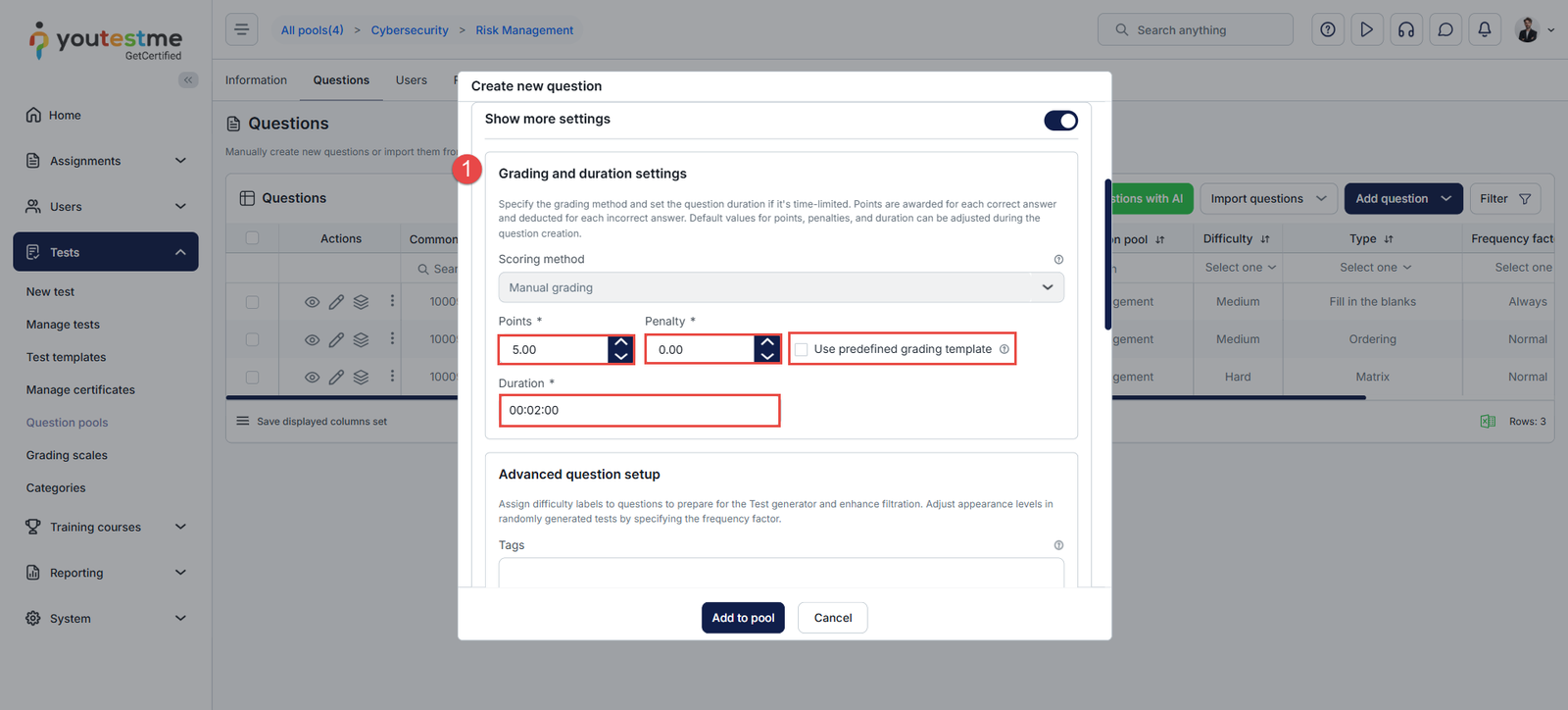 Grading and duration settings