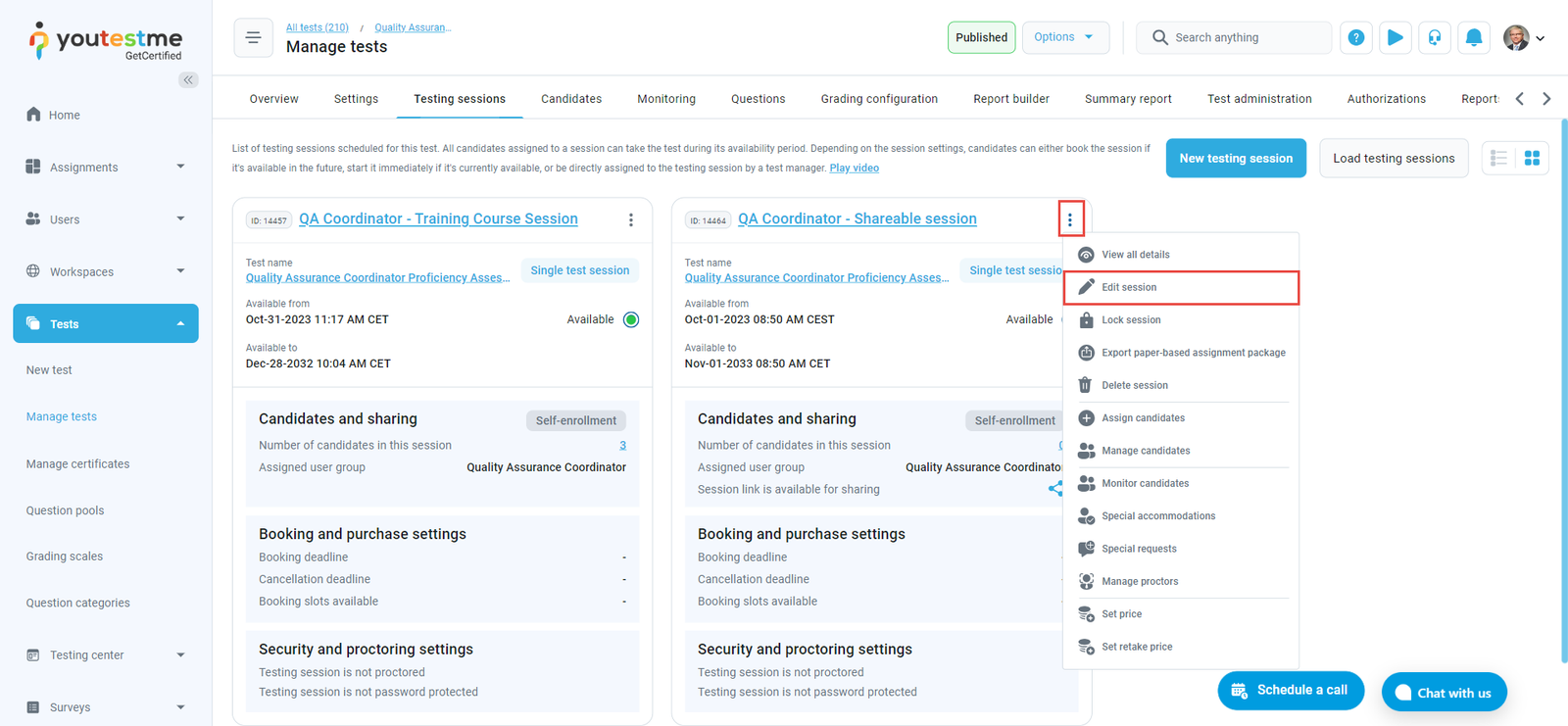 Manage tests- Testing session