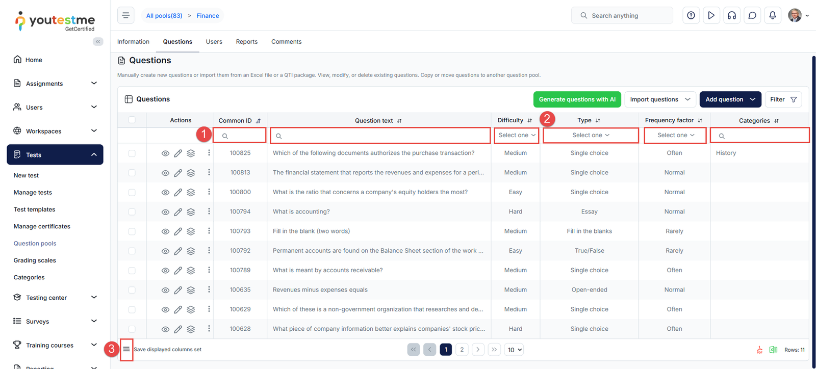 Questions Table Filters