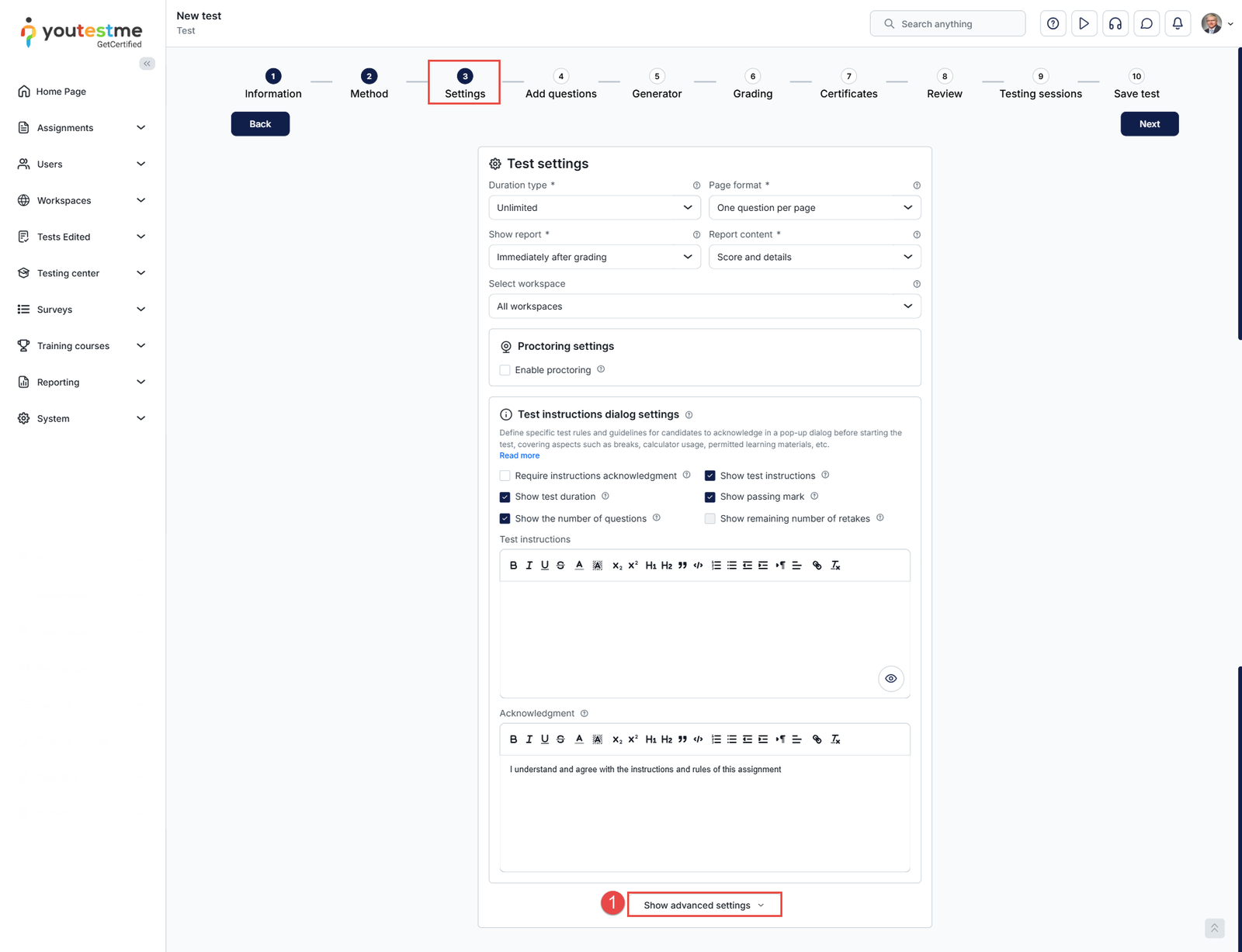 Show advanced settings
