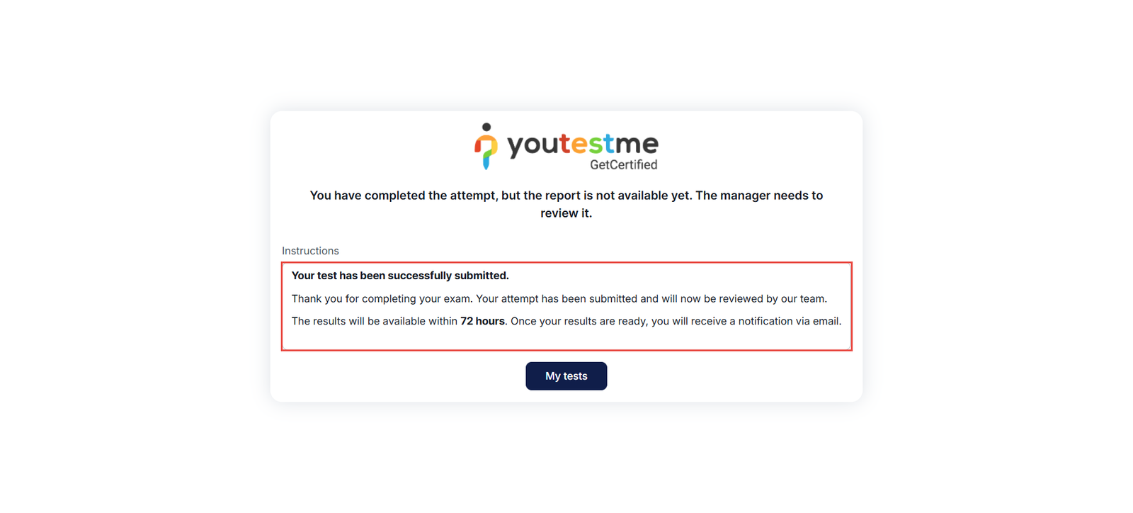 test completion message