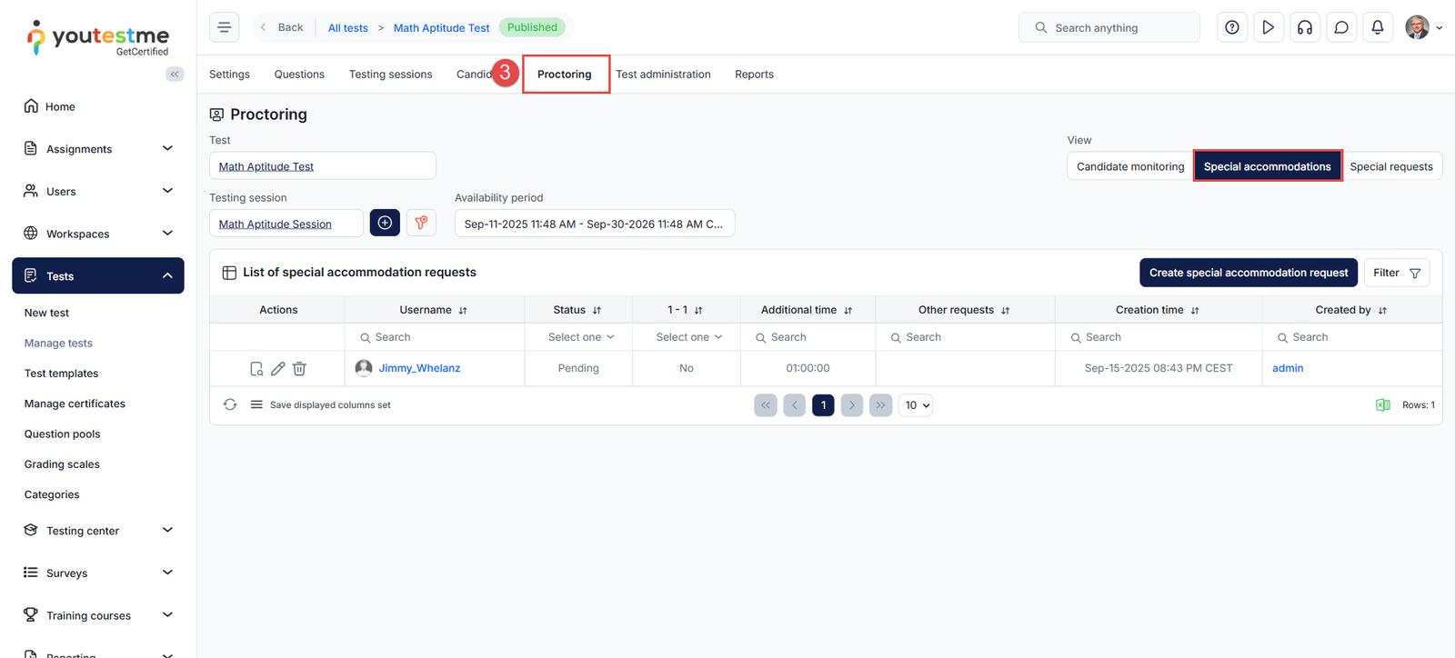 Special accommodations tab