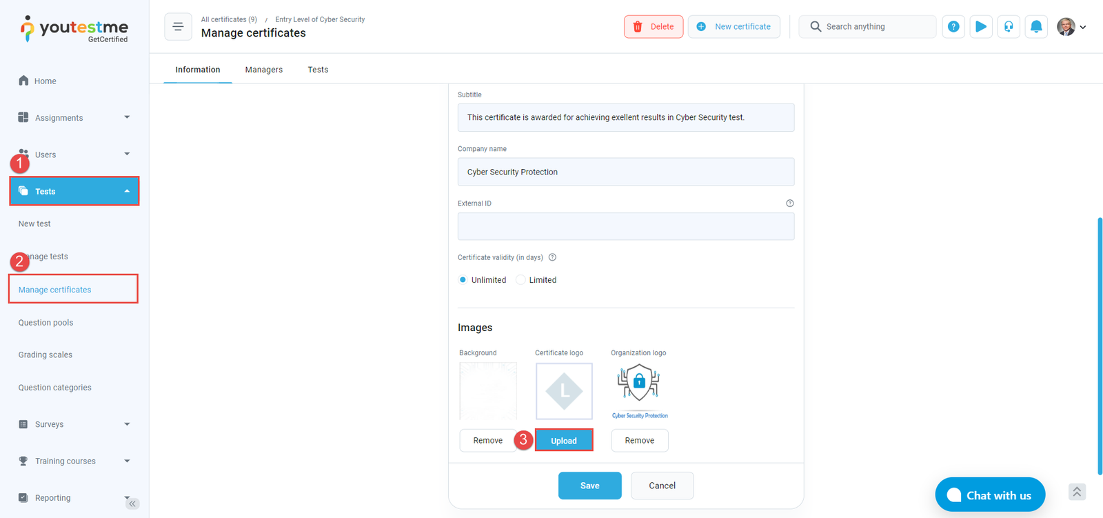 How to customize the test logo- Manage Certificates