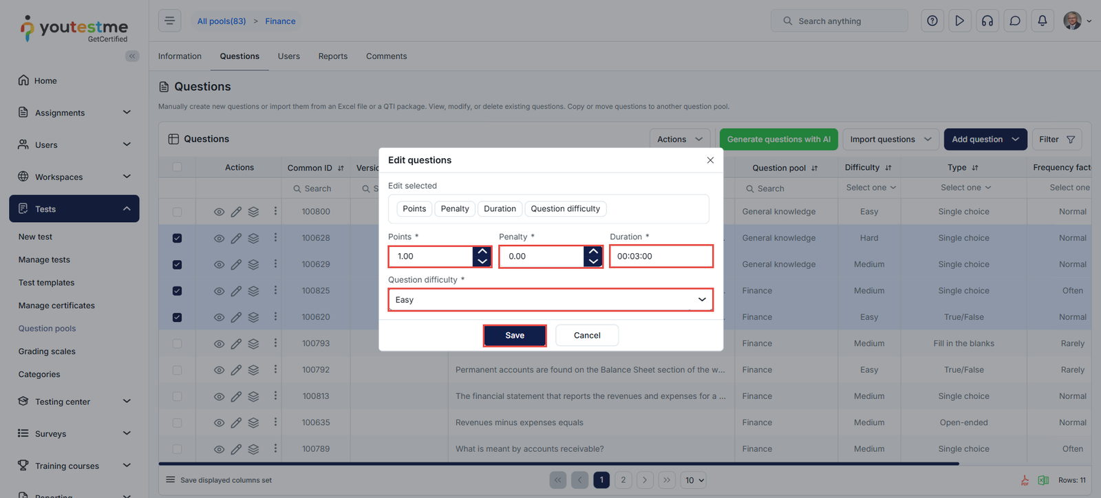question settings dashboard