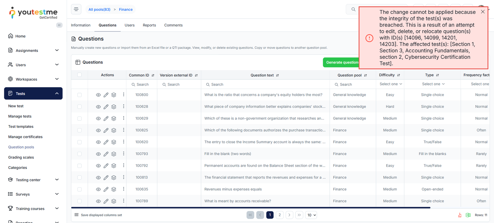 questions can't be updated