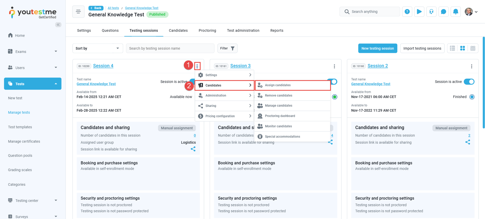 Assign Candidates menu