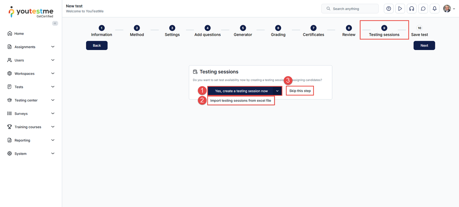 Creating testing sessions - test creation wizard