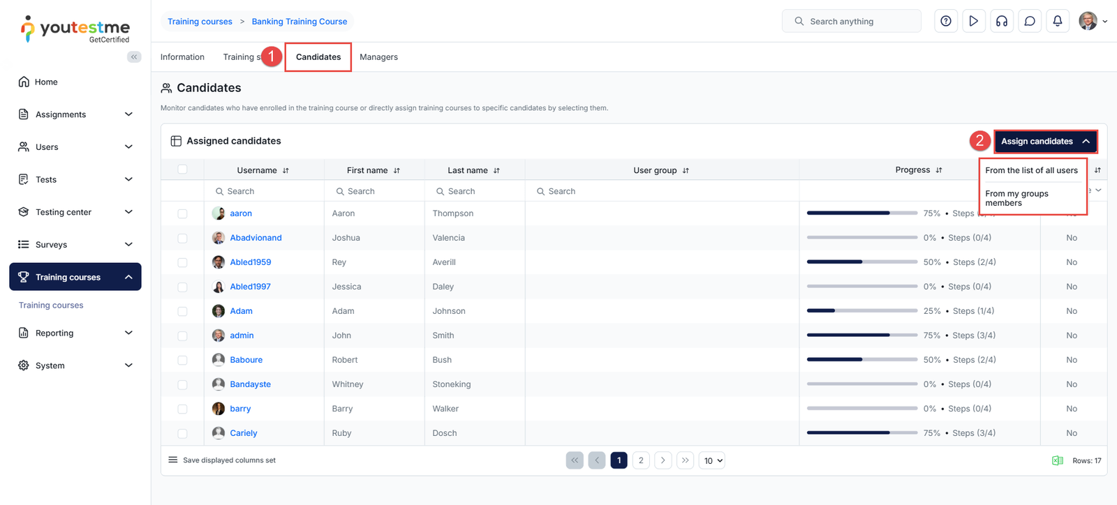Assign candidates to training