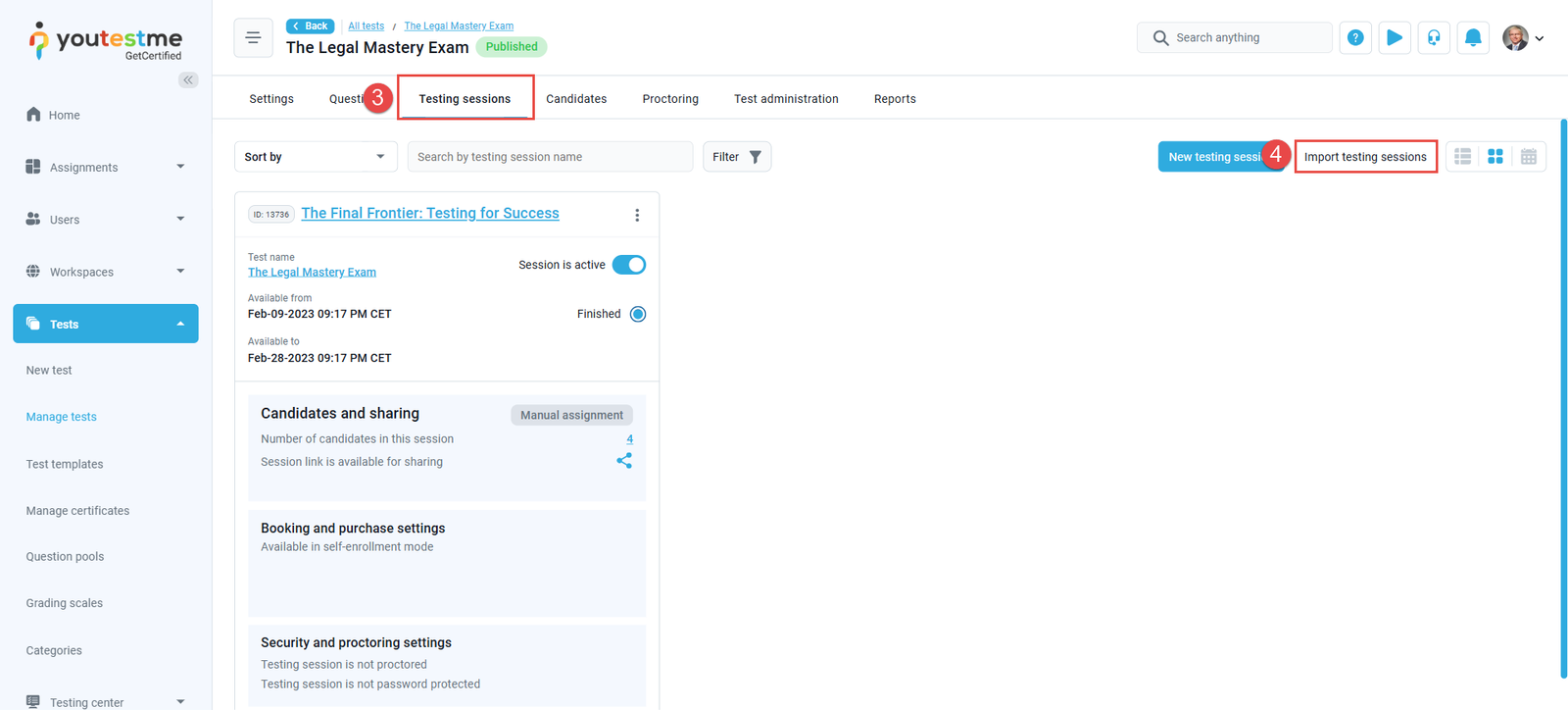 Import testing sessions