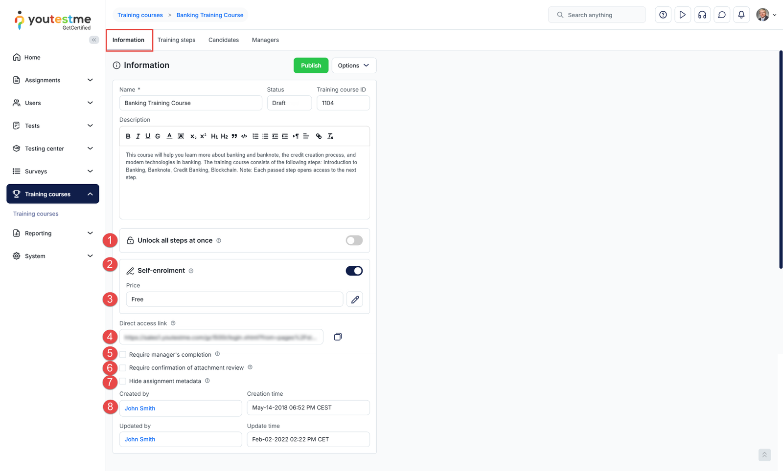 Training courses information tab