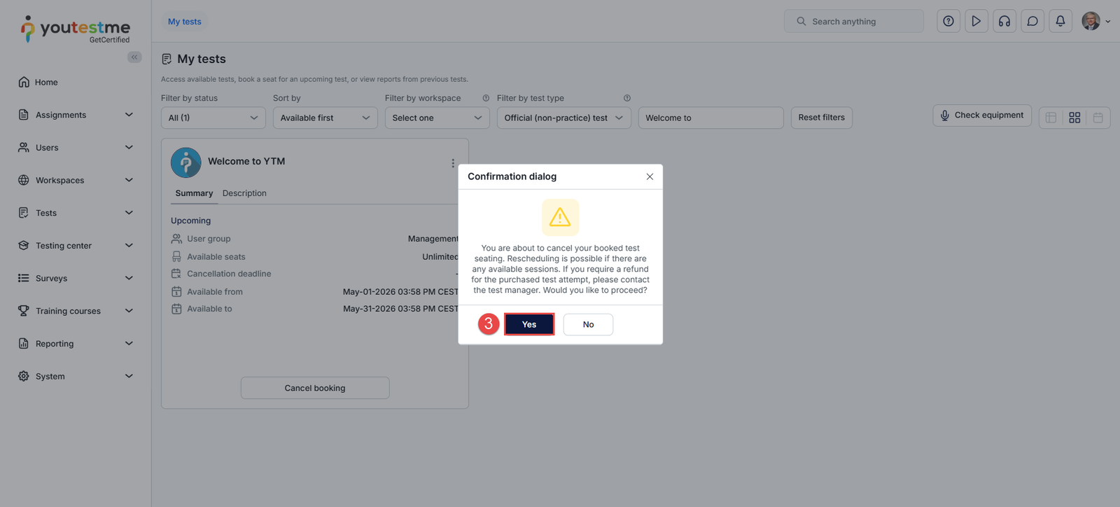 confirmation dialog booking cancellation