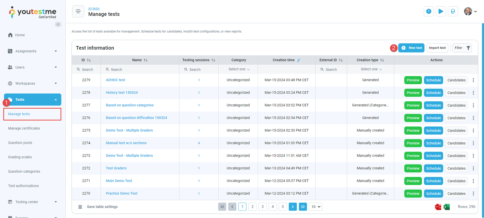 Create new test button