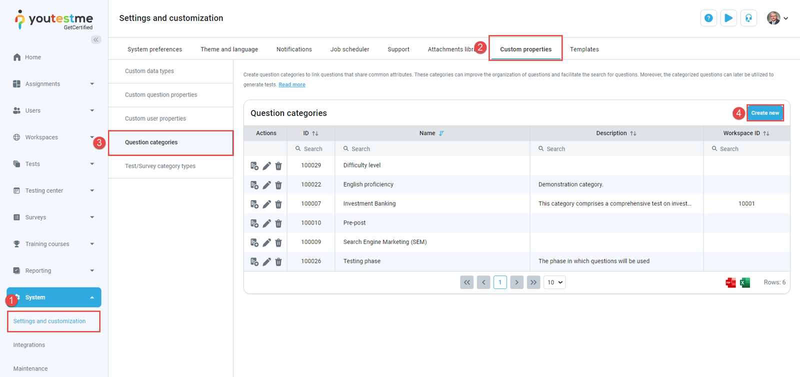 Question categories - System settings