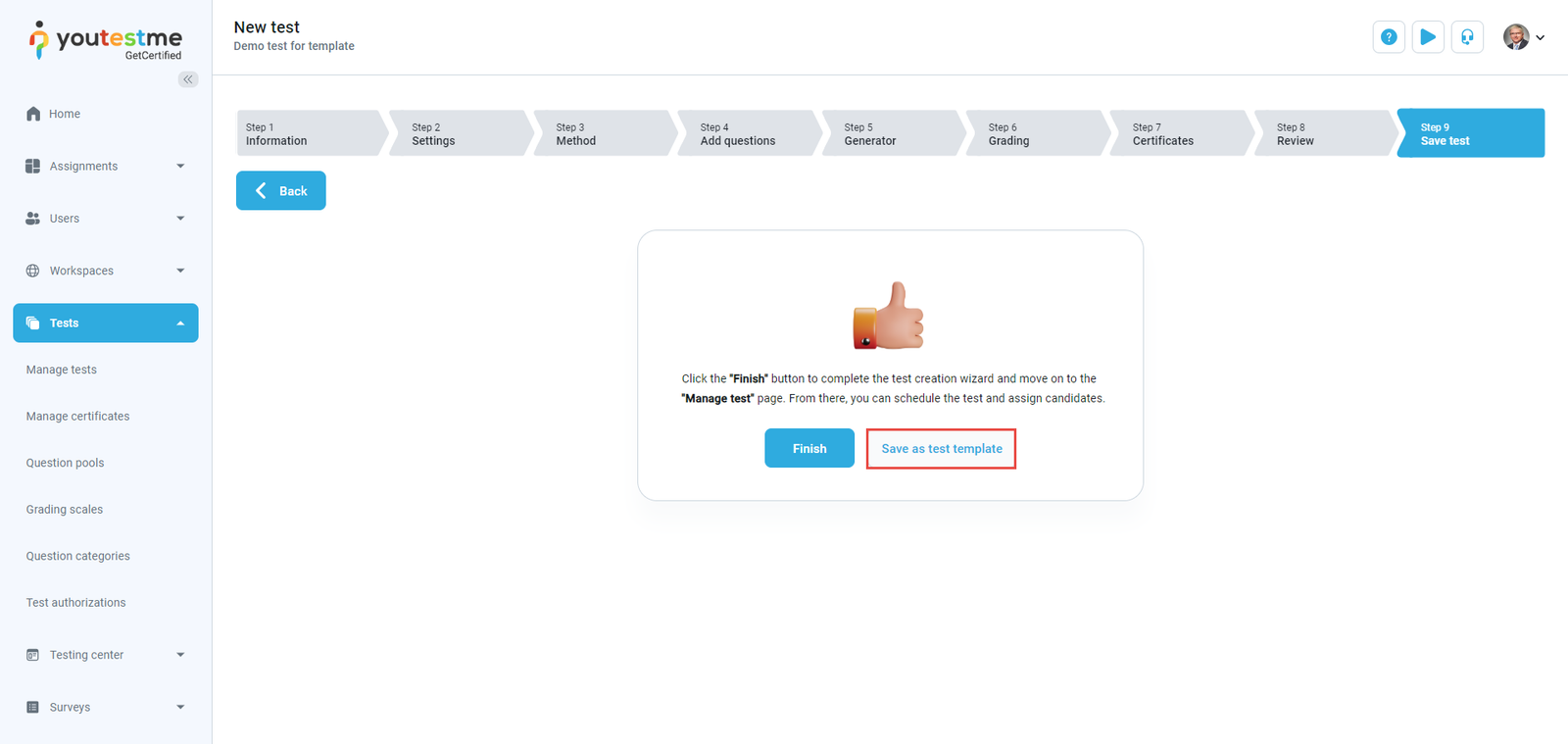 Test wizard last step