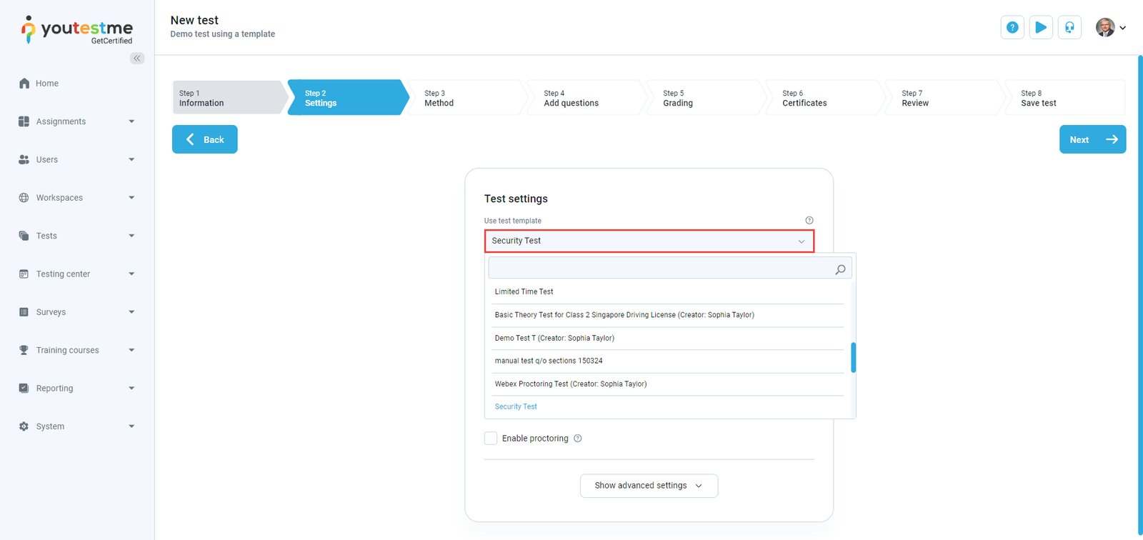 Using a test template