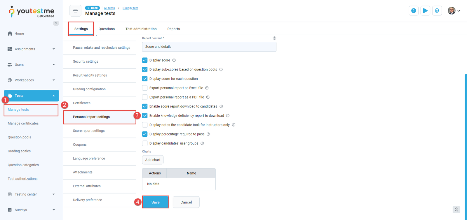 test report settings