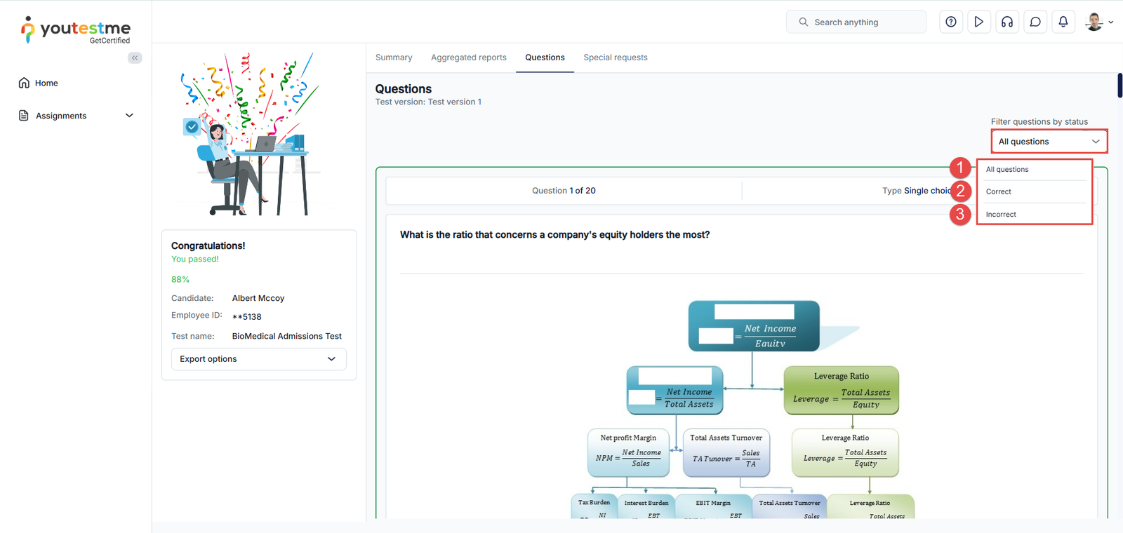 Questions tab - regular test