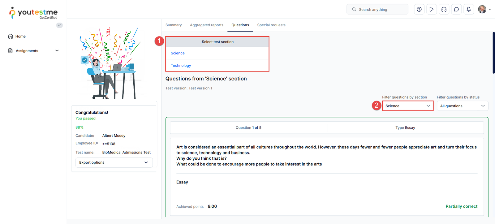 Questions tab - test with sections